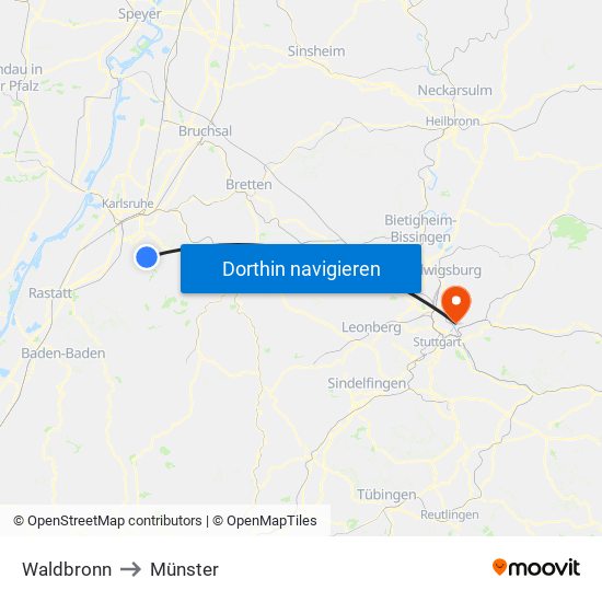 Waldbronn to Münster map