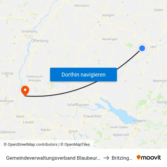 Gemeindeverwaltungsverband Blaubeuren to Britzingen map