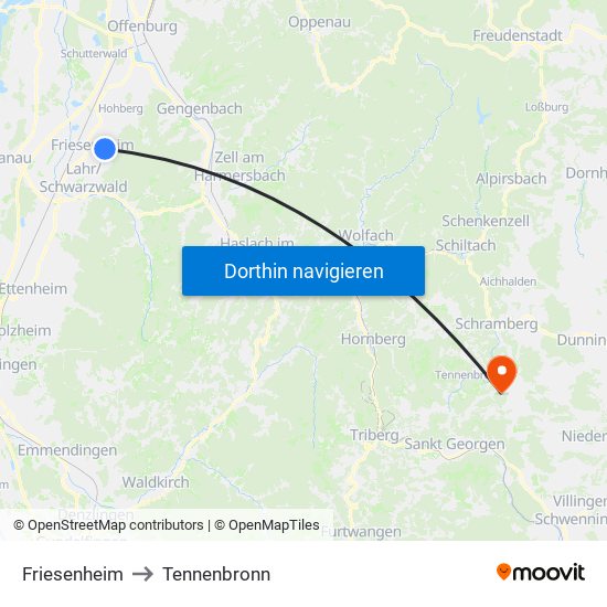 Friesenheim to Tennenbronn map