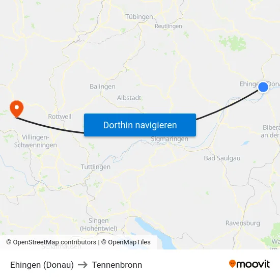 Ehingen (Donau) to Tennenbronn map