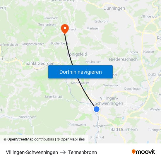 Villingen-Schwenningen to Tennenbronn map
