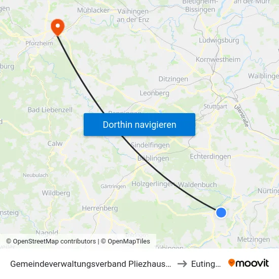 Gemeindeverwaltungsverband Pliezhausen to Eutingen map