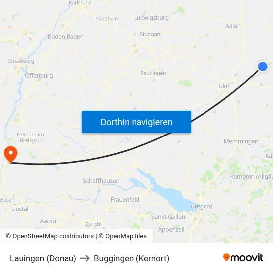 Lauingen (Donau) to Buggingen (Kernort) map