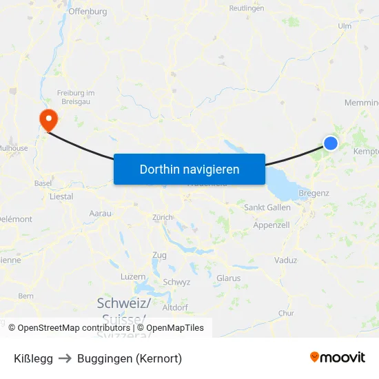 Kißlegg to Buggingen (Kernort) map