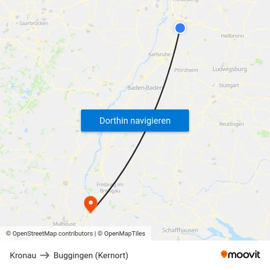 Kronau to Buggingen (Kernort) map