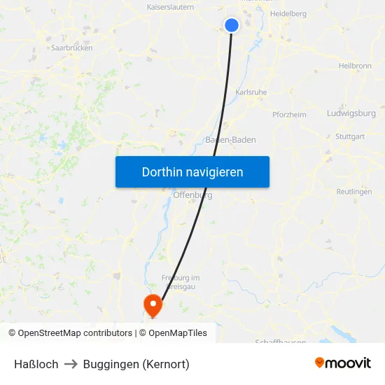 Haßloch to Buggingen (Kernort) map