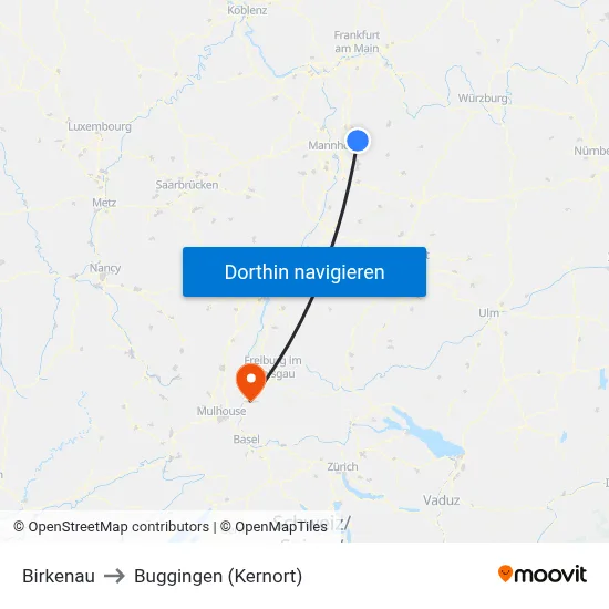 Birkenau to Buggingen (Kernort) map