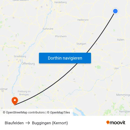 Blaufelden to Buggingen (Kernort) map