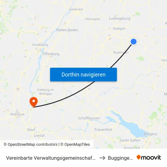 Vereinbarte Verwaltungsgemeinschaft Der Stadt Kirchheim Unter Teck to Buggingen (Kernort) map
