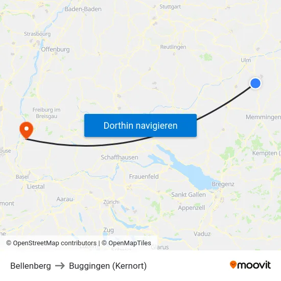 Bellenberg to Buggingen (Kernort) map