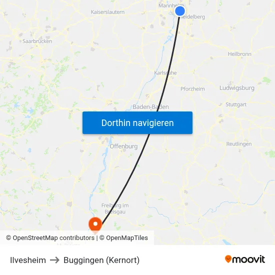 Ilvesheim to Buggingen (Kernort) map