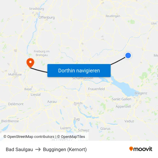 Bad Saulgau to Buggingen (Kernort) map