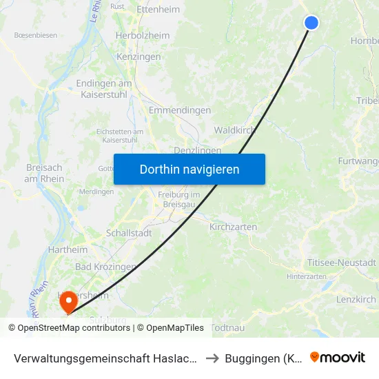 Verwaltungsgemeinschaft Haslach Im Kinzigtal to Buggingen (Kernort) map