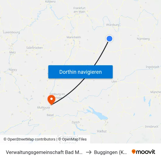Verwaltungsgemeinschaft Bad Mergentheim to Buggingen (Kernort) map