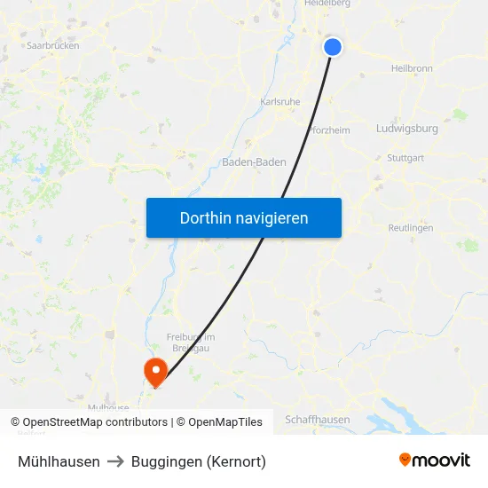 Mühlhausen to Buggingen (Kernort) map