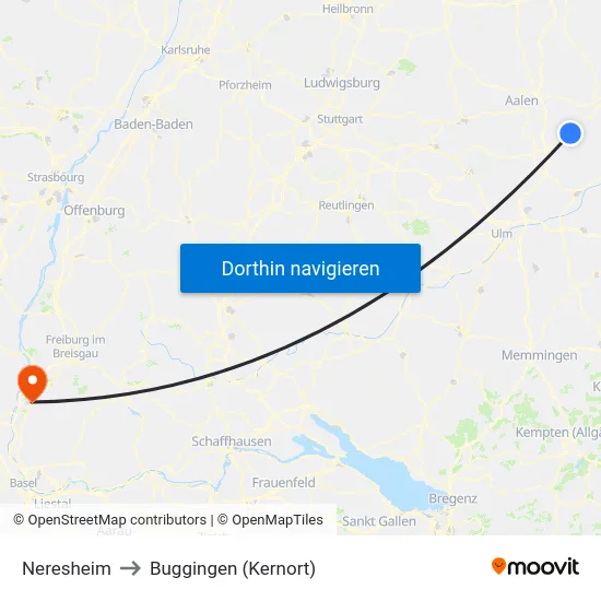 Neresheim to Buggingen (Kernort) map