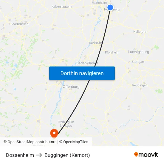 Dossenheim to Buggingen (Kernort) map