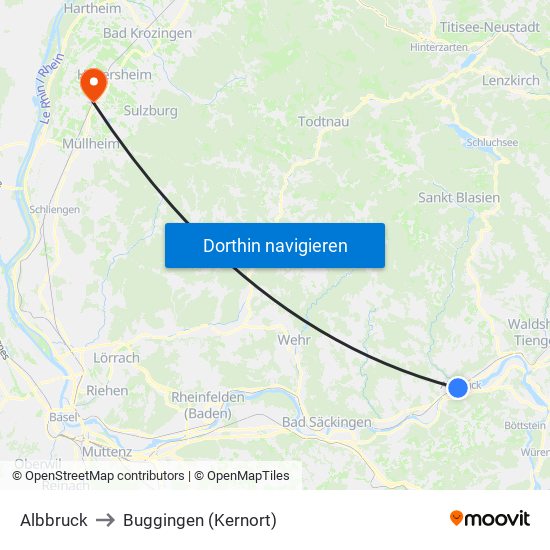 Albbruck to Buggingen (Kernort) map