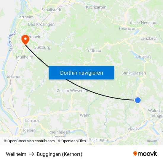 Weilheim to Buggingen (Kernort) map