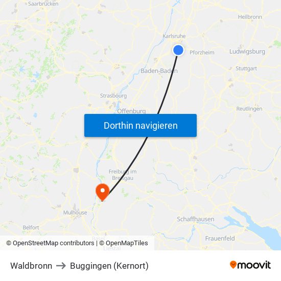 Waldbronn to Buggingen (Kernort) map