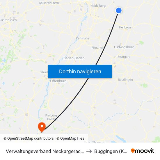 Verwaltungsverband Neckargerach-Waldbrunn to Buggingen (Kernort) map