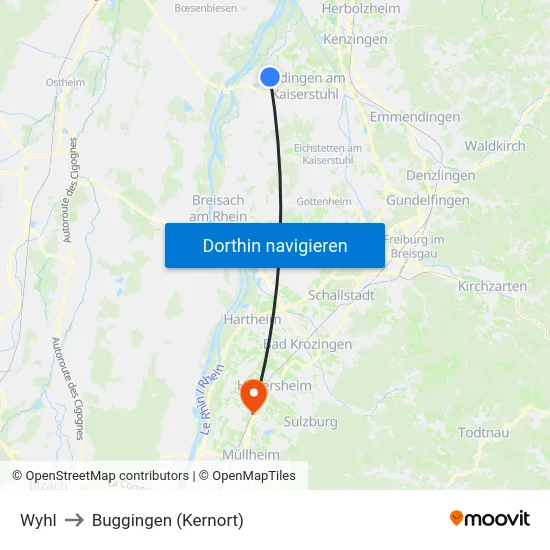 Wyhl to Buggingen (Kernort) map