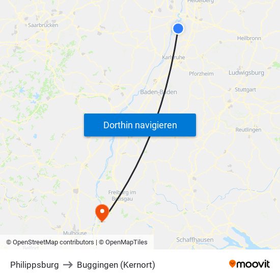 Philippsburg to Buggingen (Kernort) map