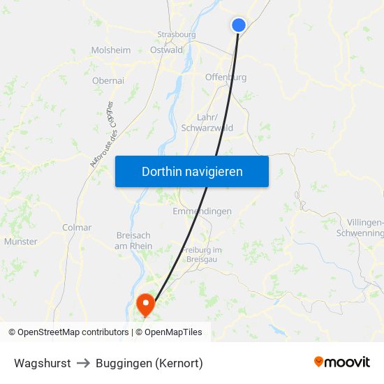 Wagshurst to Buggingen (Kernort) map