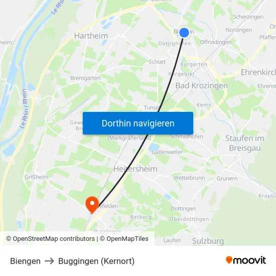 Biengen to Buggingen (Kernort) map