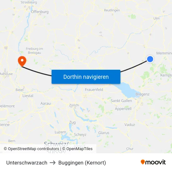 Unterschwarzach to Buggingen (Kernort) map