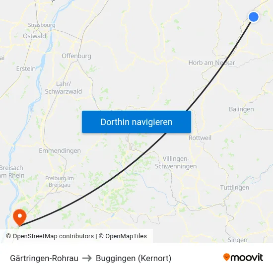 Gärtringen-Rohrau to Buggingen (Kernort) map