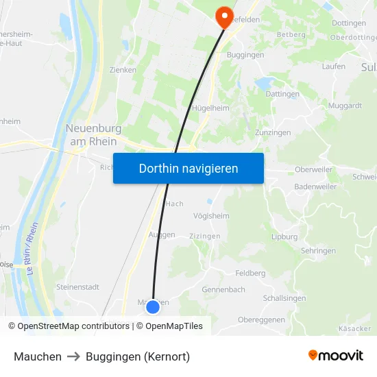 Mauchen to Buggingen (Kernort) map