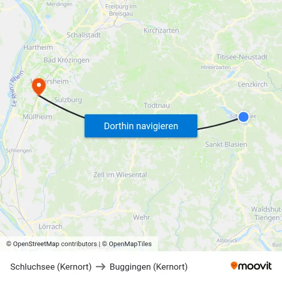 Schluchsee (Kernort) to Buggingen (Kernort) map