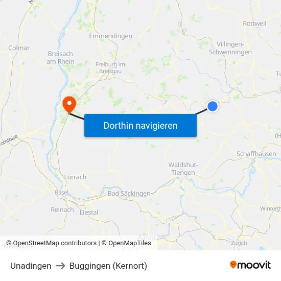 Unadingen to Buggingen (Kernort) map