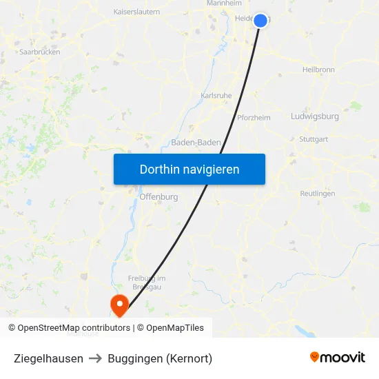 Ziegelhausen to Buggingen (Kernort) map