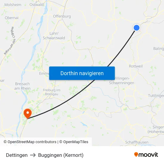 Dettingen to Buggingen (Kernort) map