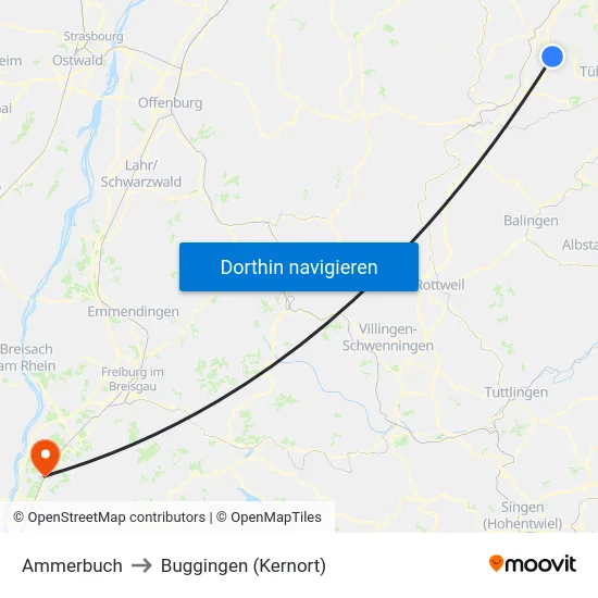 Ammerbuch to Buggingen (Kernort) map