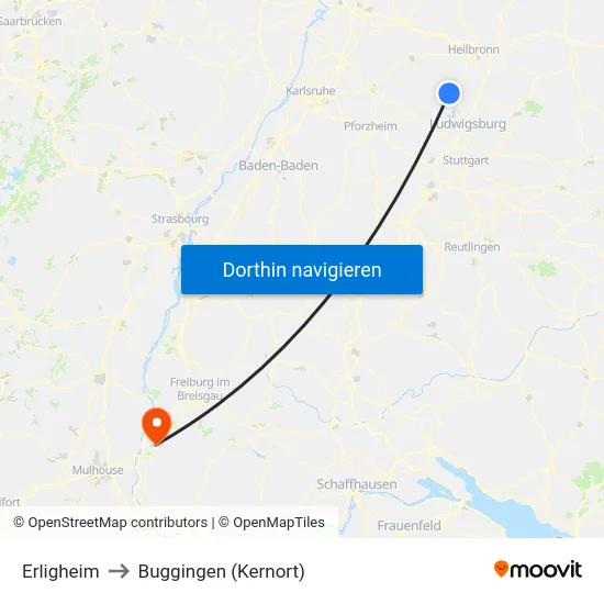 Erligheim to Buggingen (Kernort) map