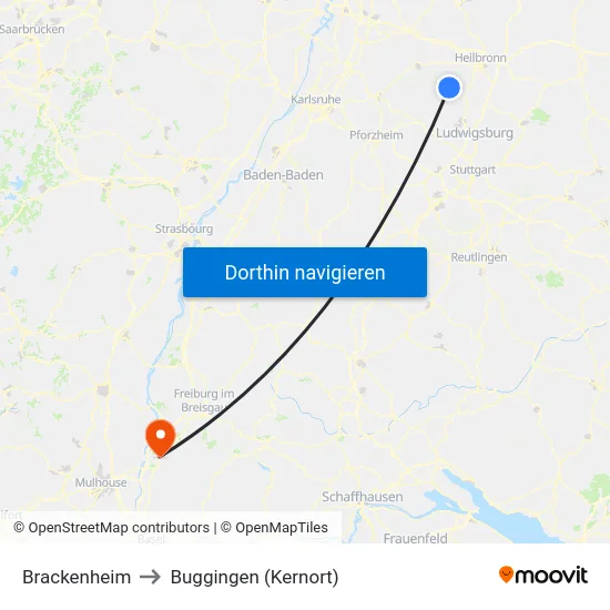 Brackenheim to Buggingen (Kernort) map