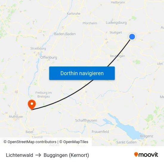 Lichtenwald to Buggingen (Kernort) map