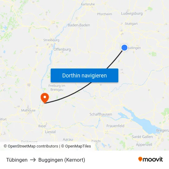 Tübingen to Buggingen (Kernort) map
