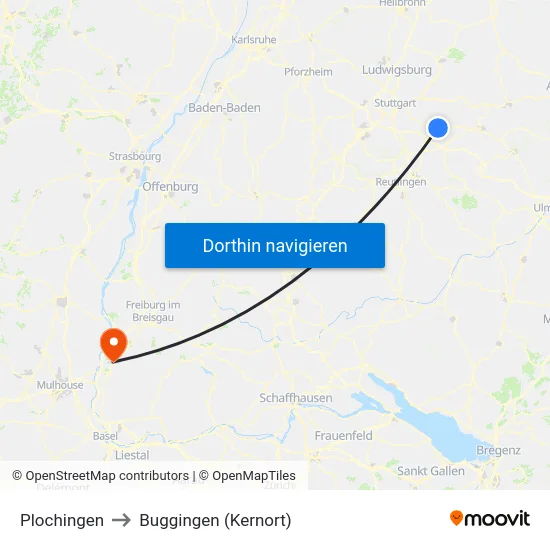 Plochingen to Buggingen (Kernort) map
