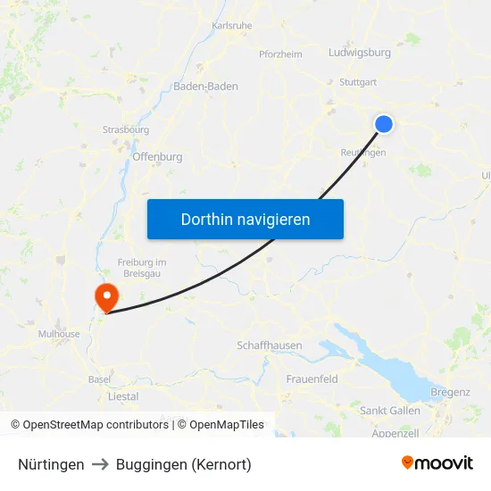 Nürtingen to Buggingen (Kernort) map