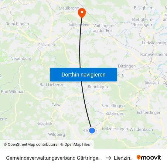 Gemeindeverwaltungsverband Gärtringen/Ehningen to Lienzingen map