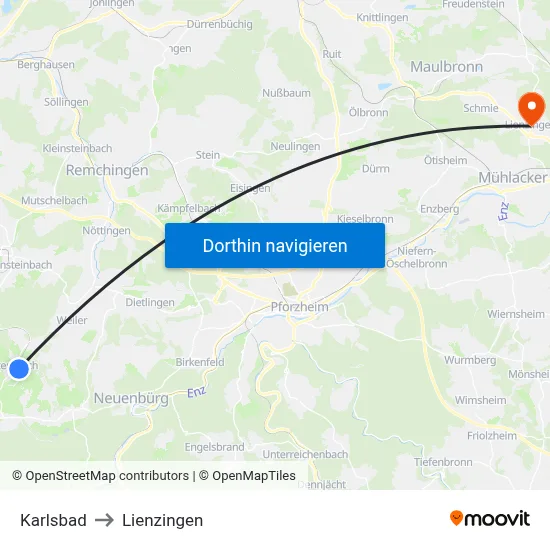 Karlsbad to Lienzingen map