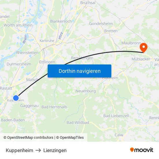 Kuppenheim to Lienzingen map
