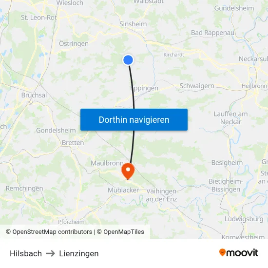 Hilsbach to Lienzingen map