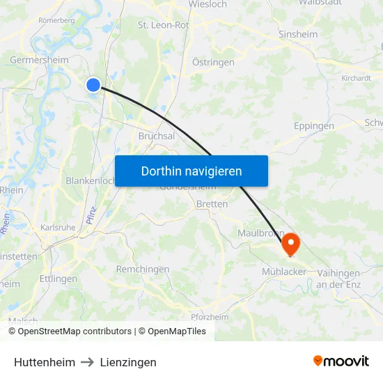 Huttenheim to Lienzingen map