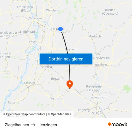 Ziegelhausen to Lienzingen map