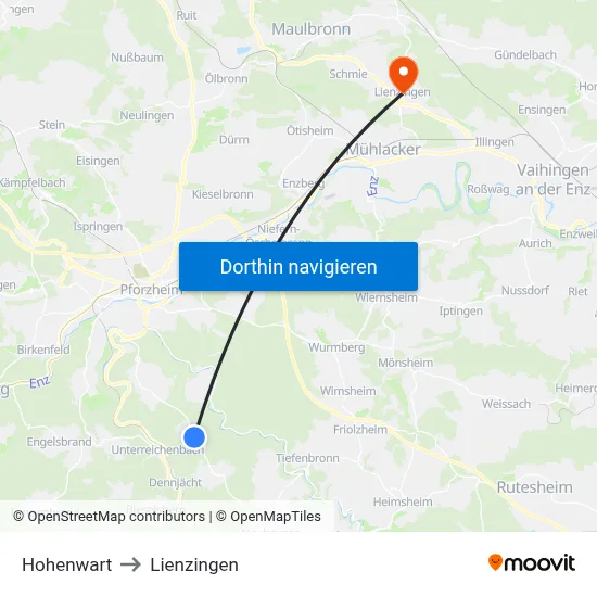 Hohenwart to Lienzingen map
